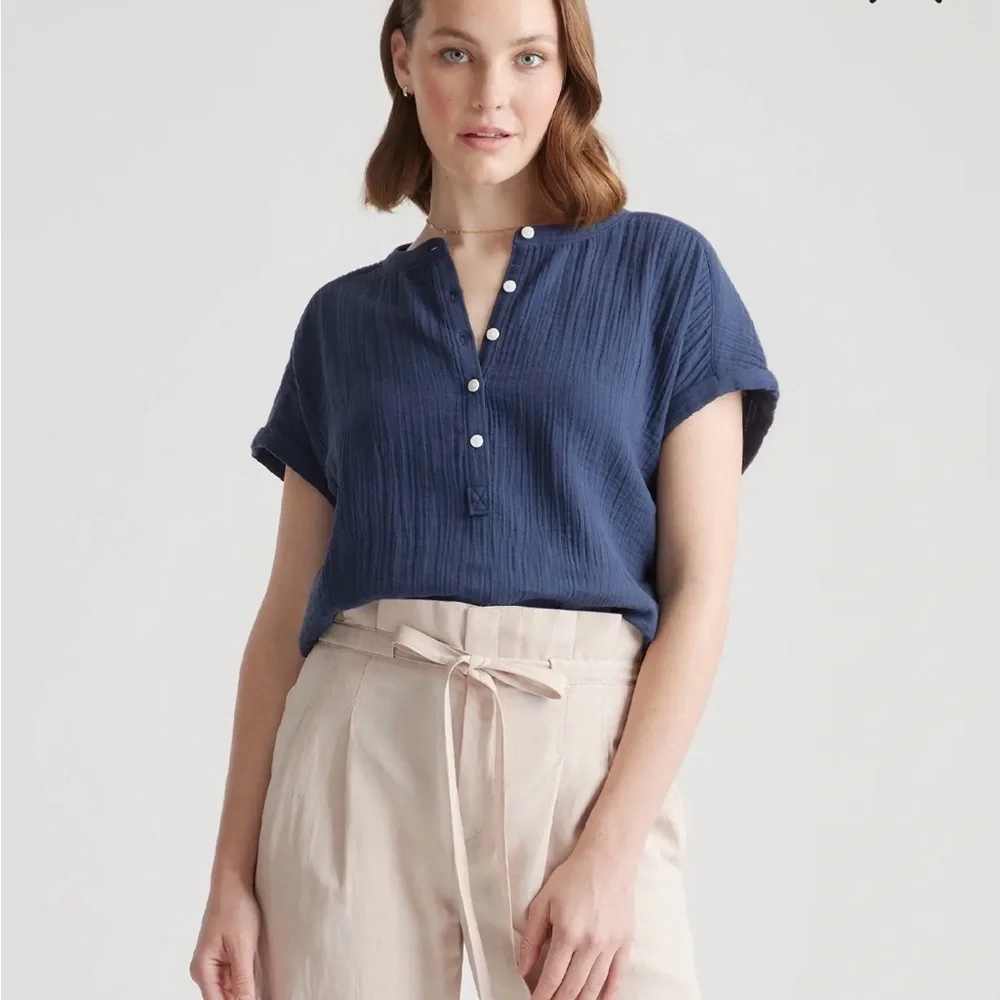 Quince Organic Cotton Gauze Roll Sleeve Shirt Blue - Large - Picture 6 of 8